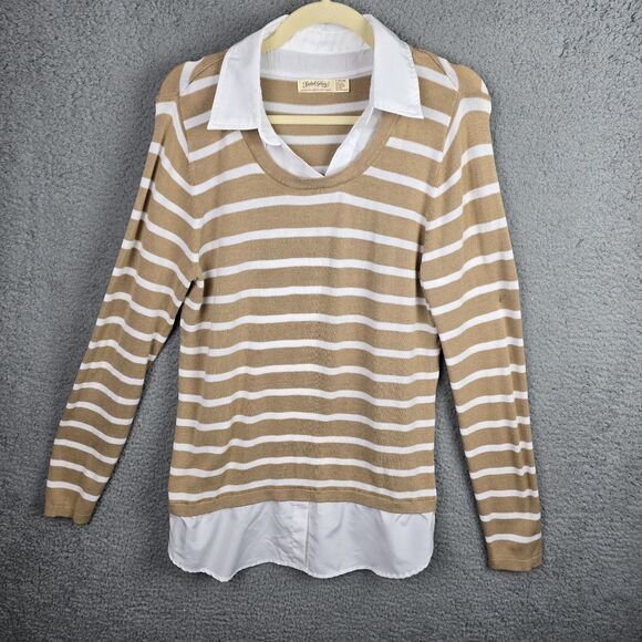 Faded Glory Shirt Sweater Tunic Top L Taupe White Striped Collared Preppy Modern - Picture 14 of 15
